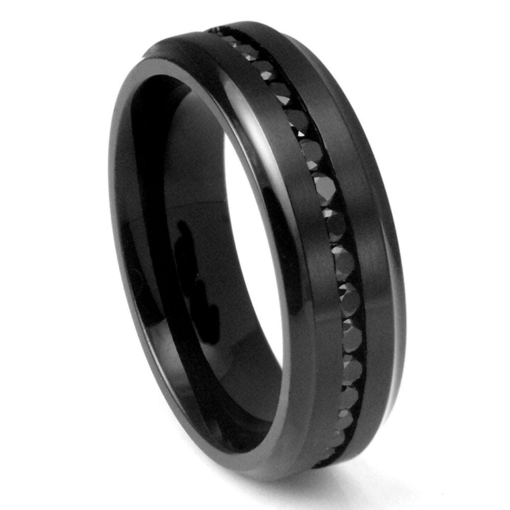 Black IP Plated Titanium Beveled Edge Black CZ Eternity Band – 8mm