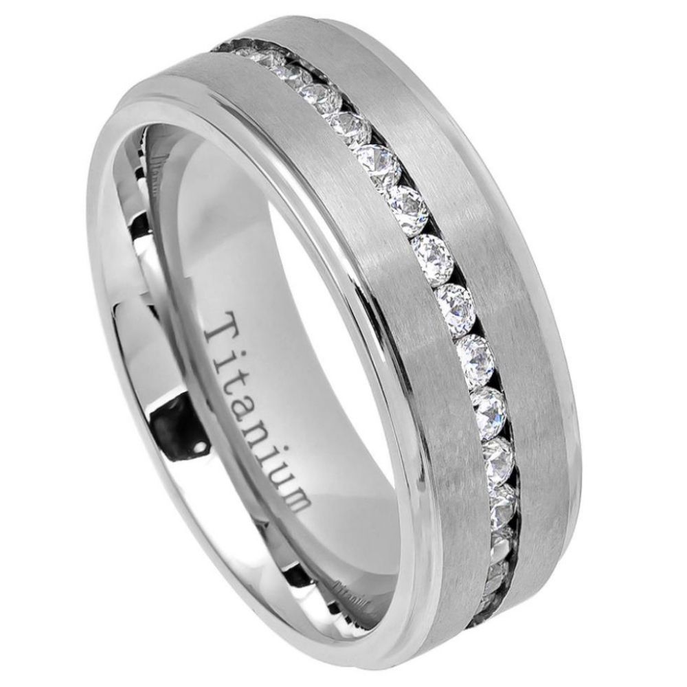 White IP Plated Titanium Ring with Brushed Center and Shiny Stepped Edge, 8mm