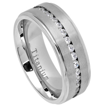White IP Plated Titanium Ring with Brushed Center and Shiny Stepped Edge, 8mm