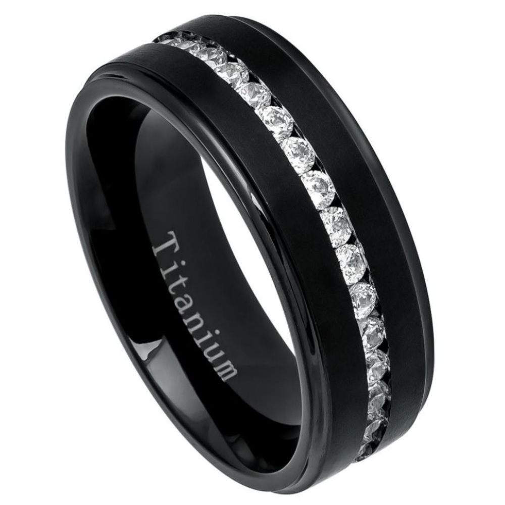 Black IP Plated Titanium Ring with Brushed Center, Shiny Stepped Edge & Eternity CZs - 8mm