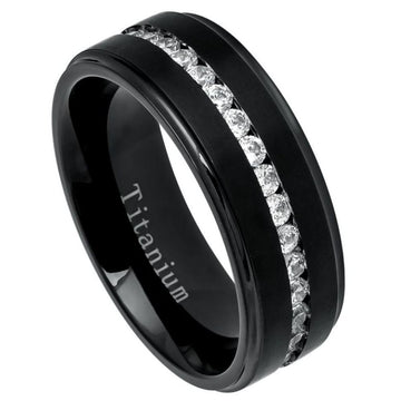 Black IP Plated Titanium Ring with Brushed Center, Shiny Stepped Edge & Eternity CZs - 8mm
