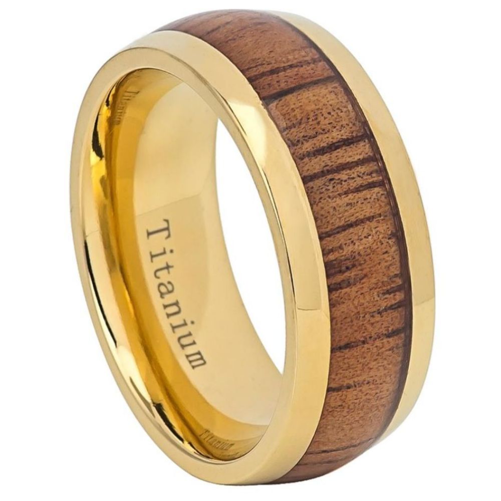 Yellow IP Domed Titanium Ring with Hawaiian Koa Inlay - 9mm