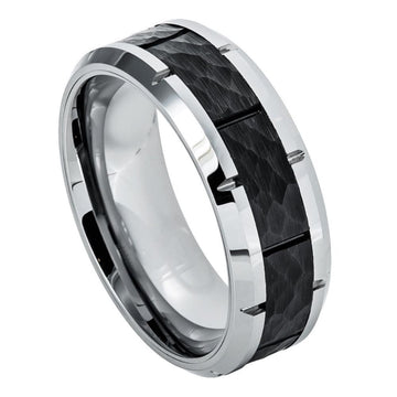 8mm High Polished Tungsten Ring with Beveled Edge, Notches & Black IP Plated Hammered Finish