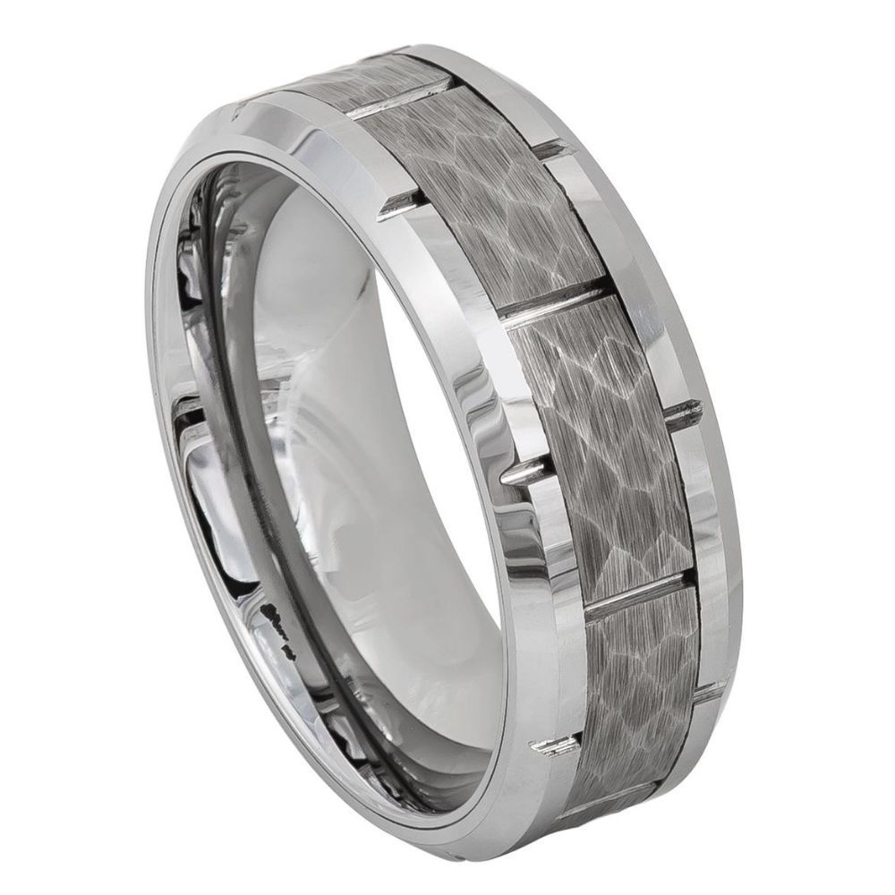 8mm High Polished Tungsten Ring with Beveled Edge, Notches & Hammered Finish