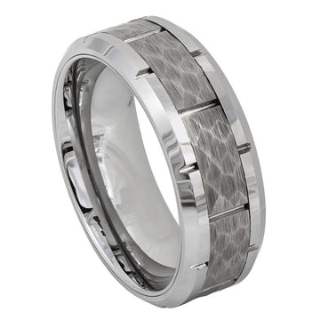 8mm High Polished Tungsten Ring with Beveled Edge, Notches & Hammered Finish
