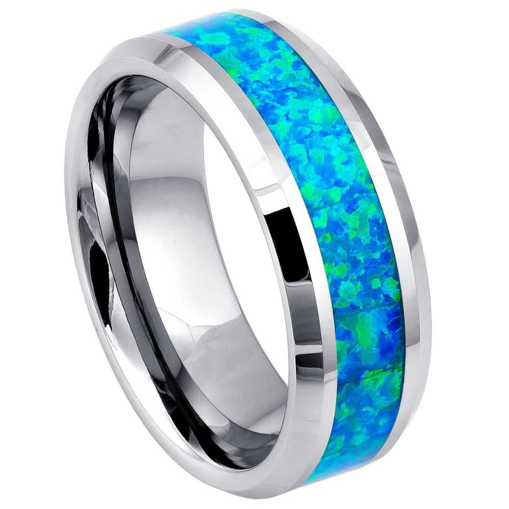 8mm Tungsten Ring with Synthetic Opal Inlay and Beveled Edge