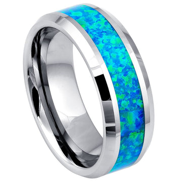8mm Tungsten Ring with Synthetic Opal Inlay and Beveled Edge