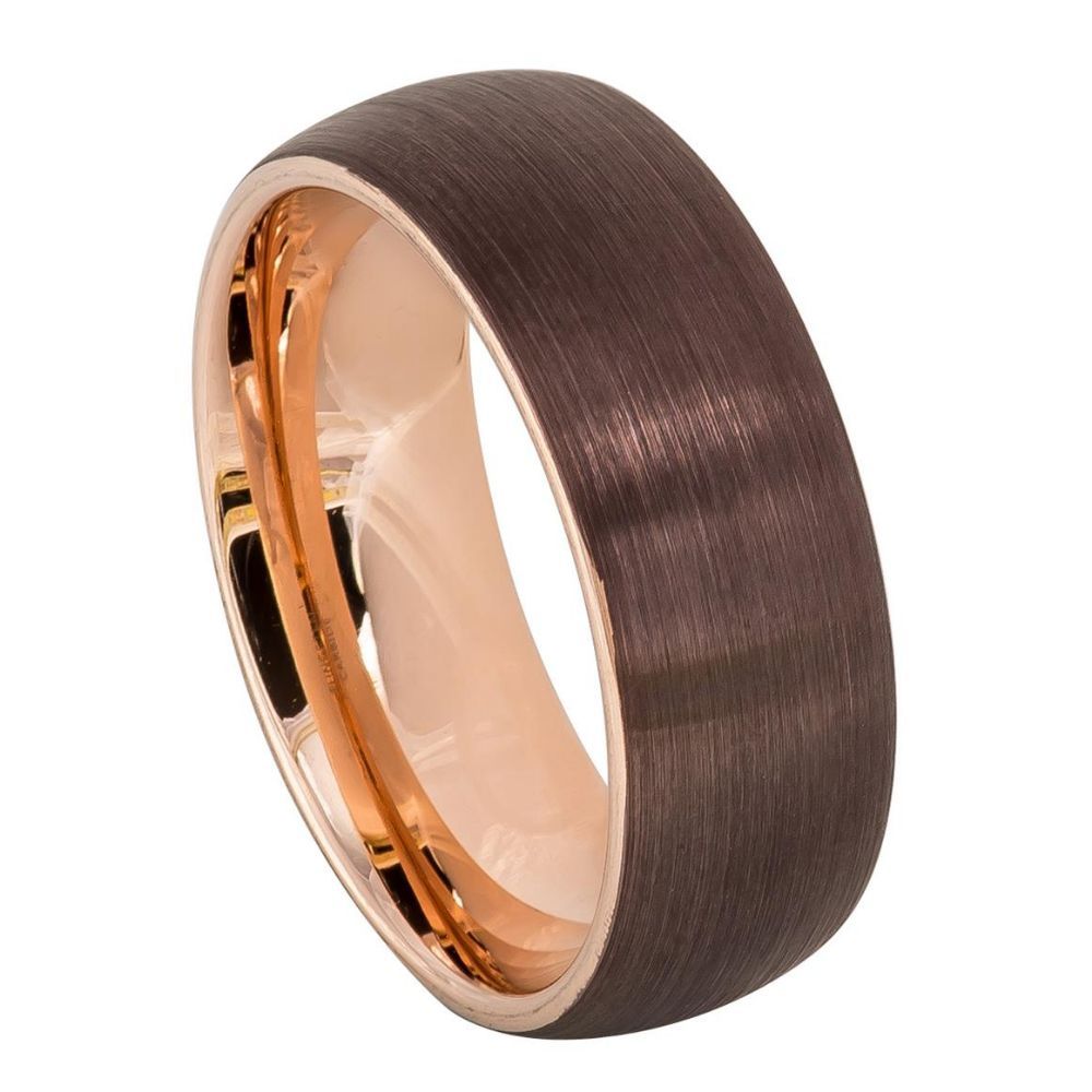 8mm Tungsten Semi-Domed Brushed Brown & Rose Gold IP Plated Ring