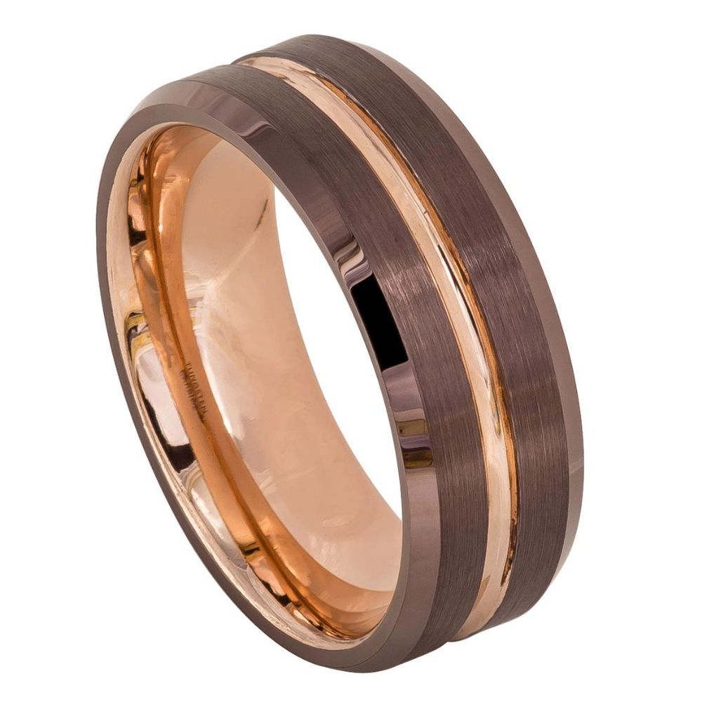 8mm Tungsten Carbide Ring with Beveled Edge, Brushed Brown IP and Rose Gold Grooved Center