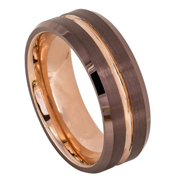 8mm Tungsten Carbide Ring with Beveled Edge, Brushed Brown IP and Rose Gold Grooved Center