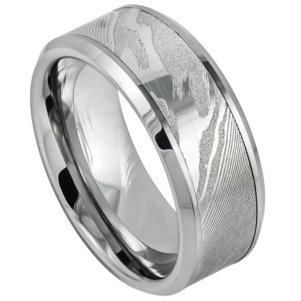 9mm Tungsten Ring with Laser Carved Wood Grain Mokume Gane Pattern, High Polished Low Beveled Edge