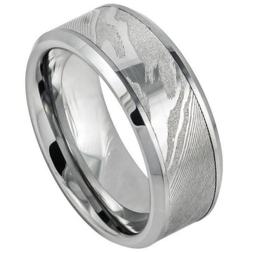 9mm Tungsten Ring with Laser Carved Wood Grain Mokume Gane Pattern, High Polished Low Beveled Edge