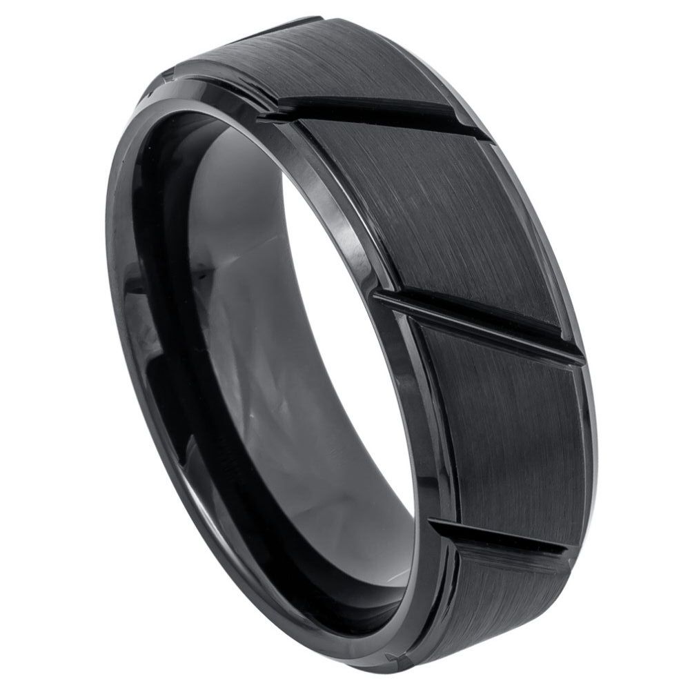 8mm Black IP Plated Tungsten Ring with Multiple Diagonal Grooves and Brushed Center