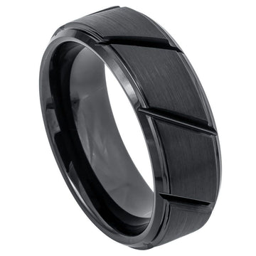 8mm Black IP Plated Tungsten Ring with Multiple Diagonal Grooves and Brushed Center
