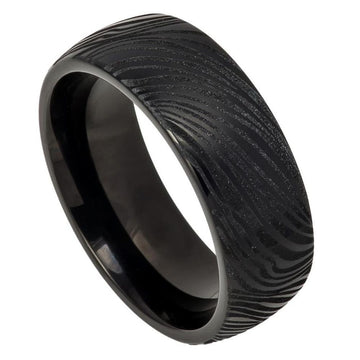 8mm Black IP Plated Tungsten Semi-Dome Mokume Gane Effect Laser Carved Ring
