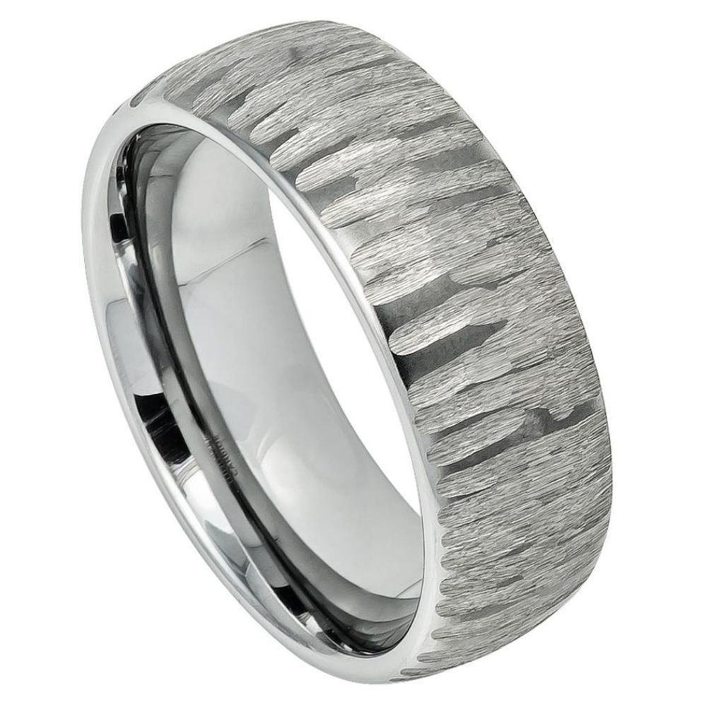 8mm Tungsten Semi Domed Ring with Tree Bark Carved Textured Finish