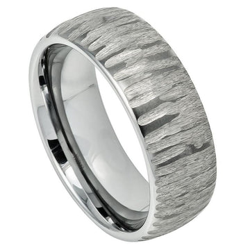 8mm Tungsten Semi Domed Ring with Tree Bark Carved Textured Finish