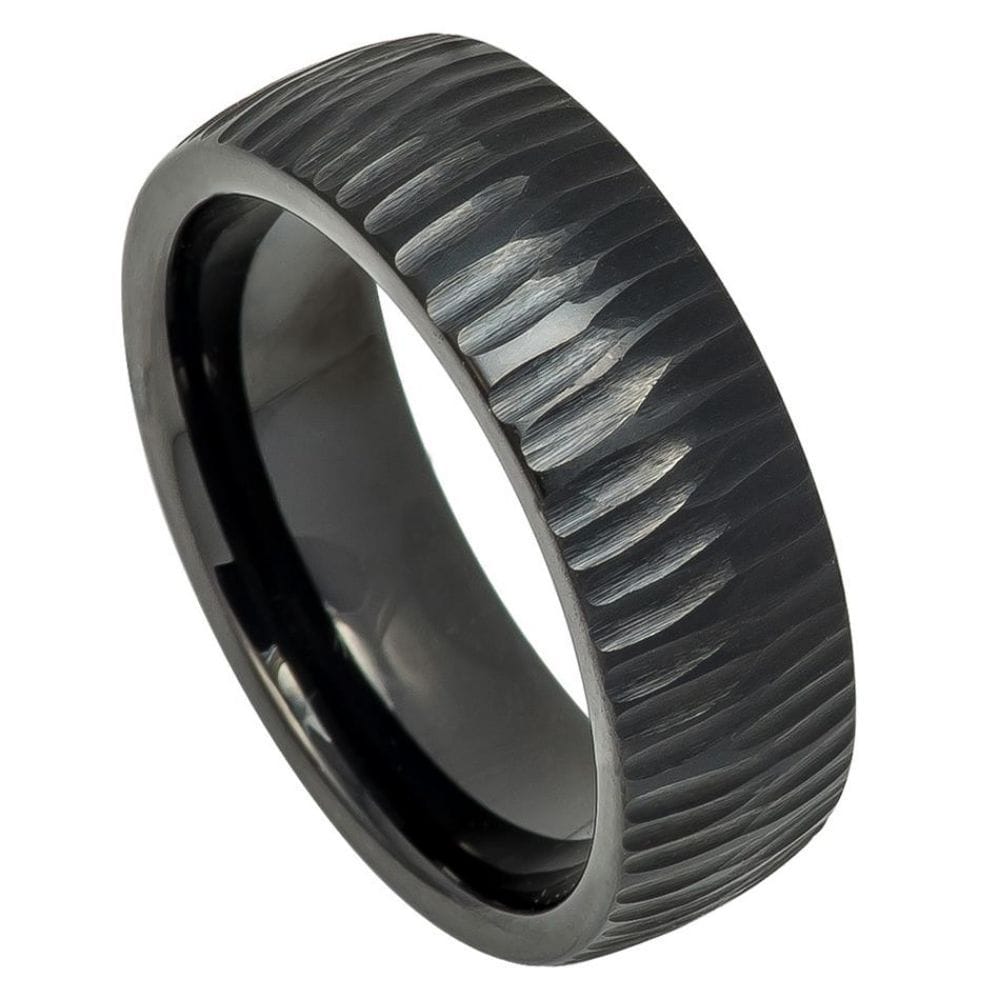 8mm Black IP Plated Tungsten Semi Domed Tree Bark Textured Ring