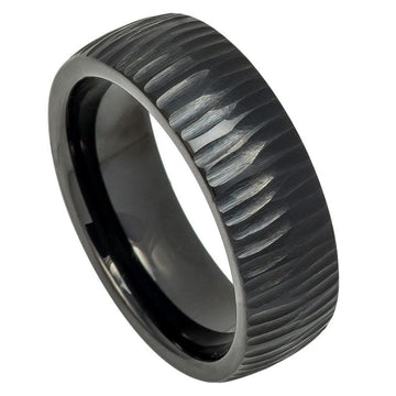 8mm Black IP Plated Tungsten Semi Domed Tree Bark Textured Ring