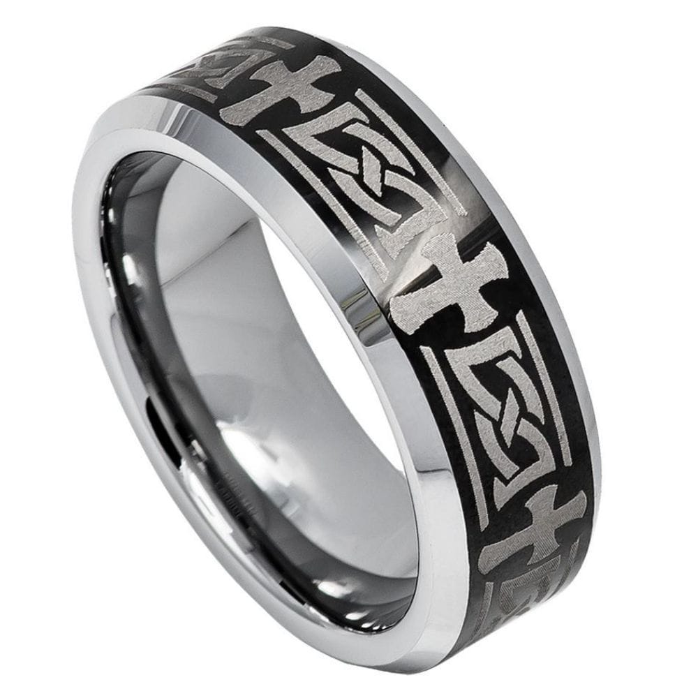 8mm Tungsten Beveled Edge Celtic Cross Engraved Black IP Plated Ring