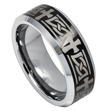 8mm Tungsten Beveled Edge Celtic Cross Engraved Black IP Plated Ring