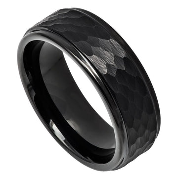8mm Black IP Plated Tungsten Ring with Hammered Center and Stepped Edge