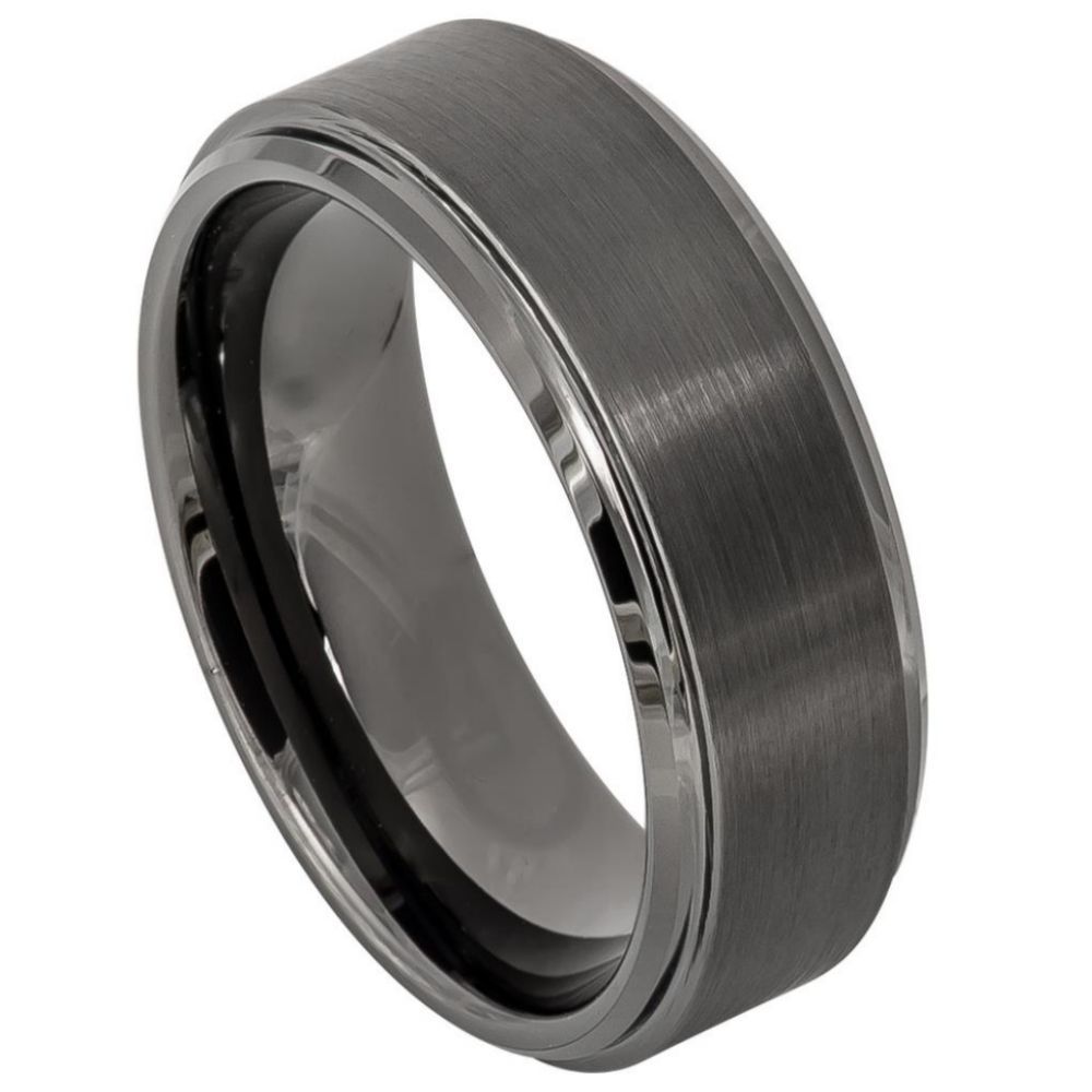 8mm Tungsten Gun Metal IP Plated Ring with Brushed Center and Beveled Edge