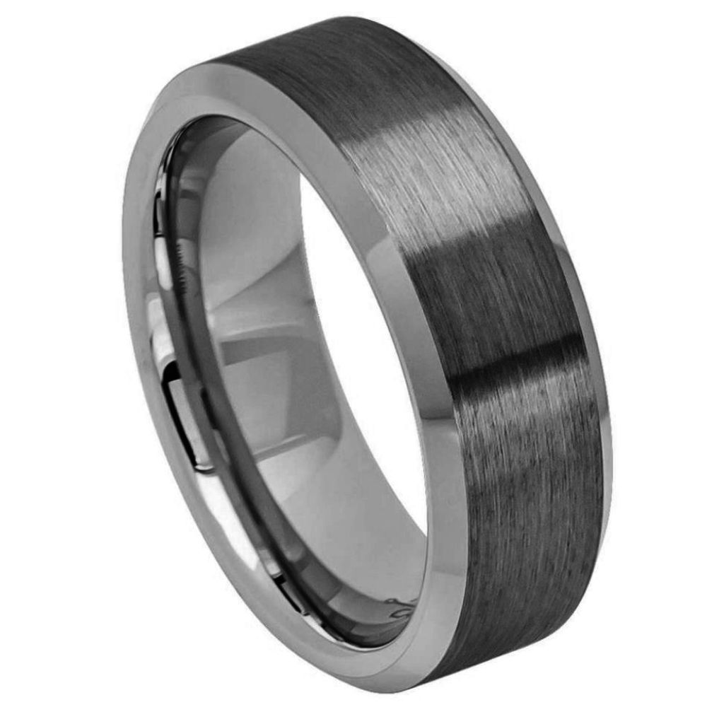 8mm Tungsten Ring – Gun Metal IP Plated Brushed Center with High Polish Beveled Edge
