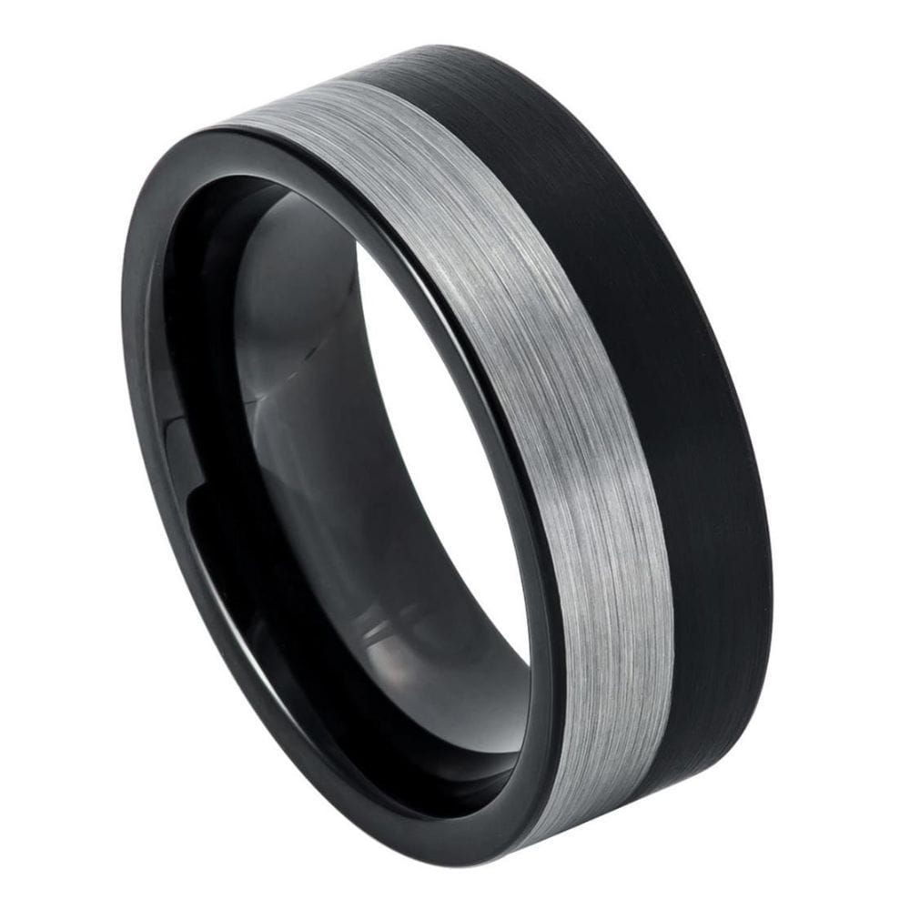 8mm Tungsten Two-Tone Black IP Plated Brushed Pipe Cut Ring