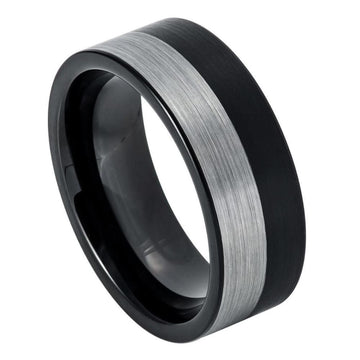 8mm Tungsten Two-Tone Black IP Plated Brushed Pipe Cut Ring
