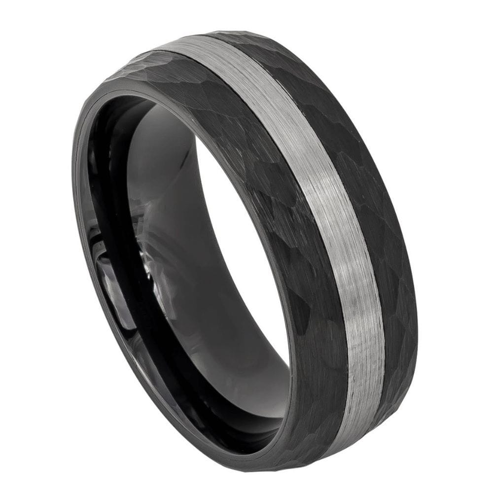 8mm Black IP Plated Tungsten Ring with Chiseled Sides and Brushed Stripe Center