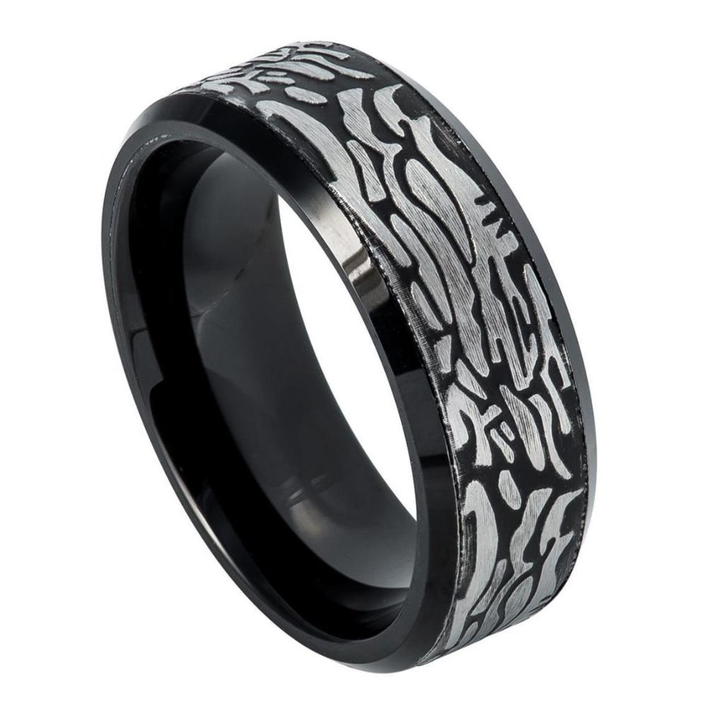 8mm Black IP Plated Tungsten Ring with Laser Carved Rock Art Pattern