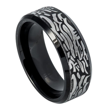 8mm Black IP Plated Tungsten Ring with Laser Carved Rock Art Pattern