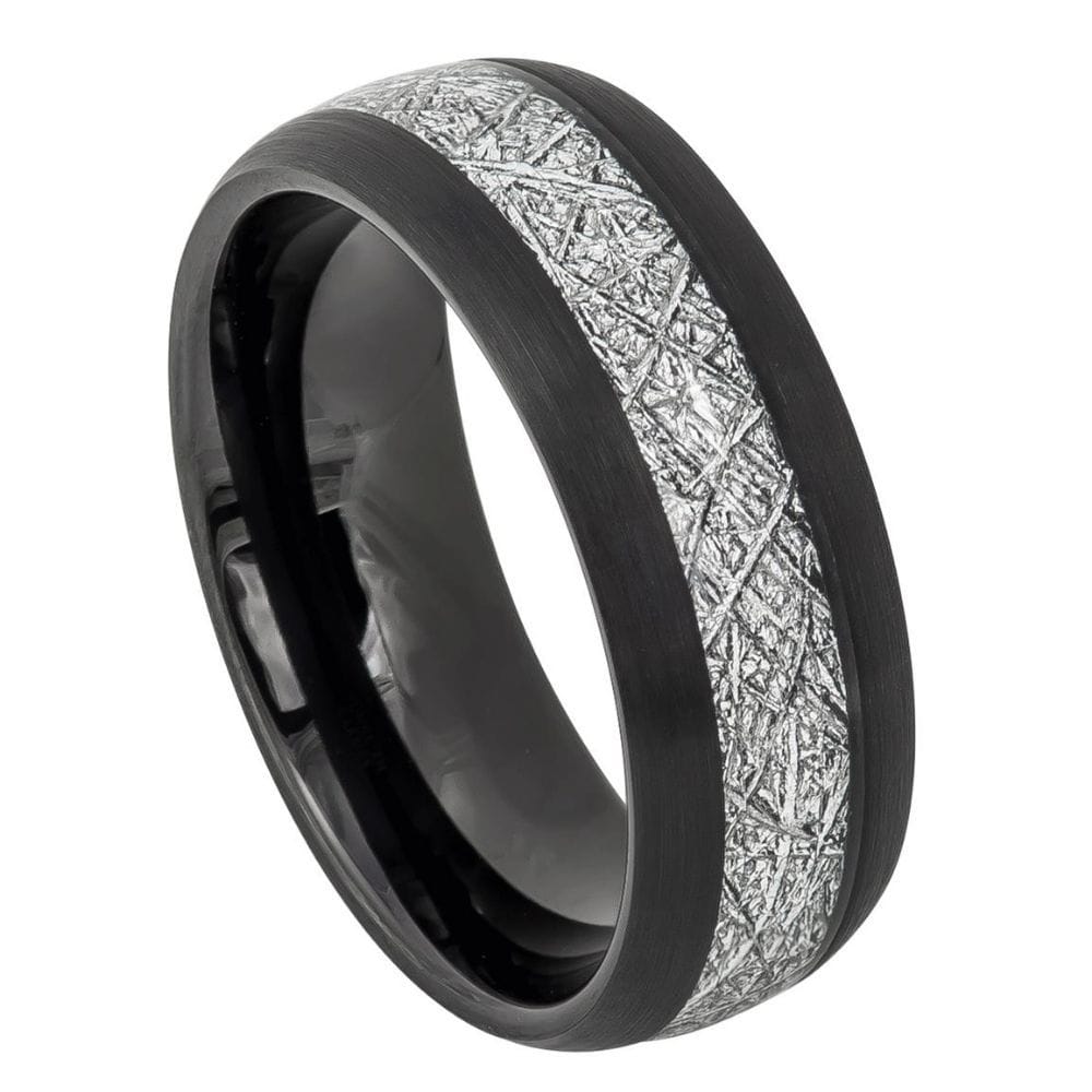 8mm Tungsten Ring with Black IP Plating and Imitation Meteorite Inlay