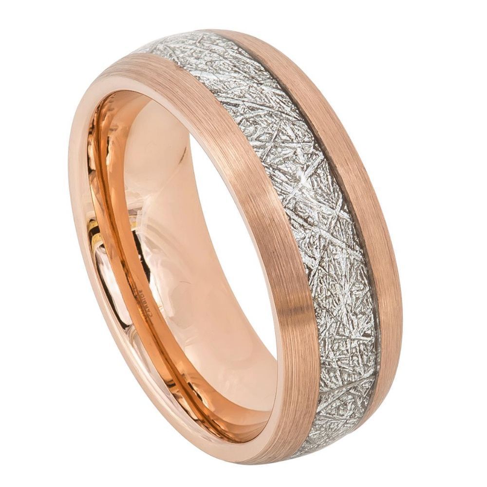 8mm Tungsten Semi-Domed Ring with Rose Gold Tone IP Plating and Imitation Meteorite Inlay