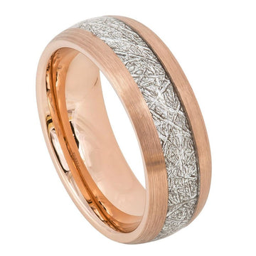 8mm Tungsten Semi-Domed Ring with Rose Gold Tone IP Plating and Imitation Meteorite Inlay