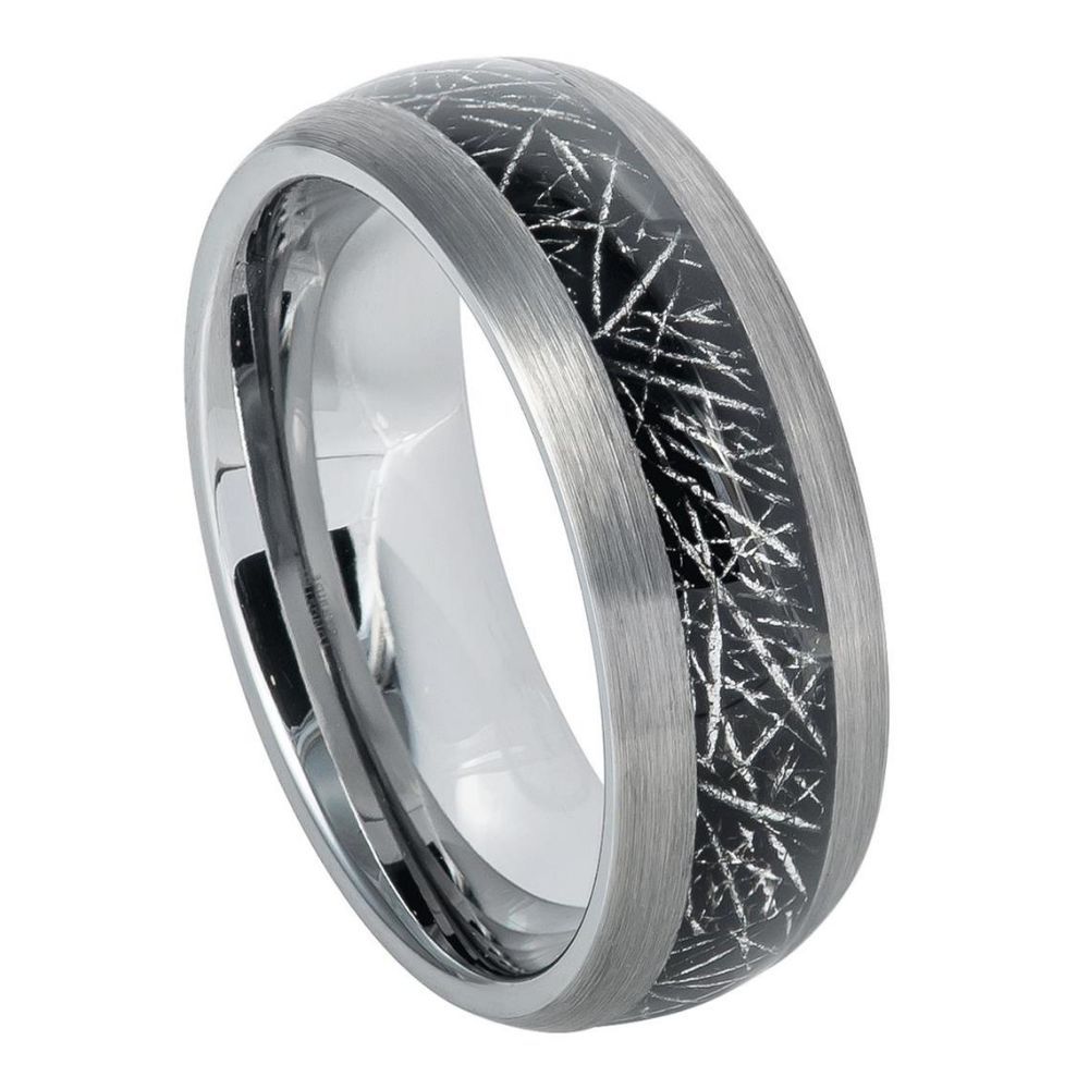 8mm Tungsten Semi-Domed Ring with Imitation Meteorite Inlay