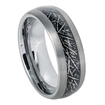 8mm Tungsten Semi-Domed Ring with Imitation Meteorite Inlay
