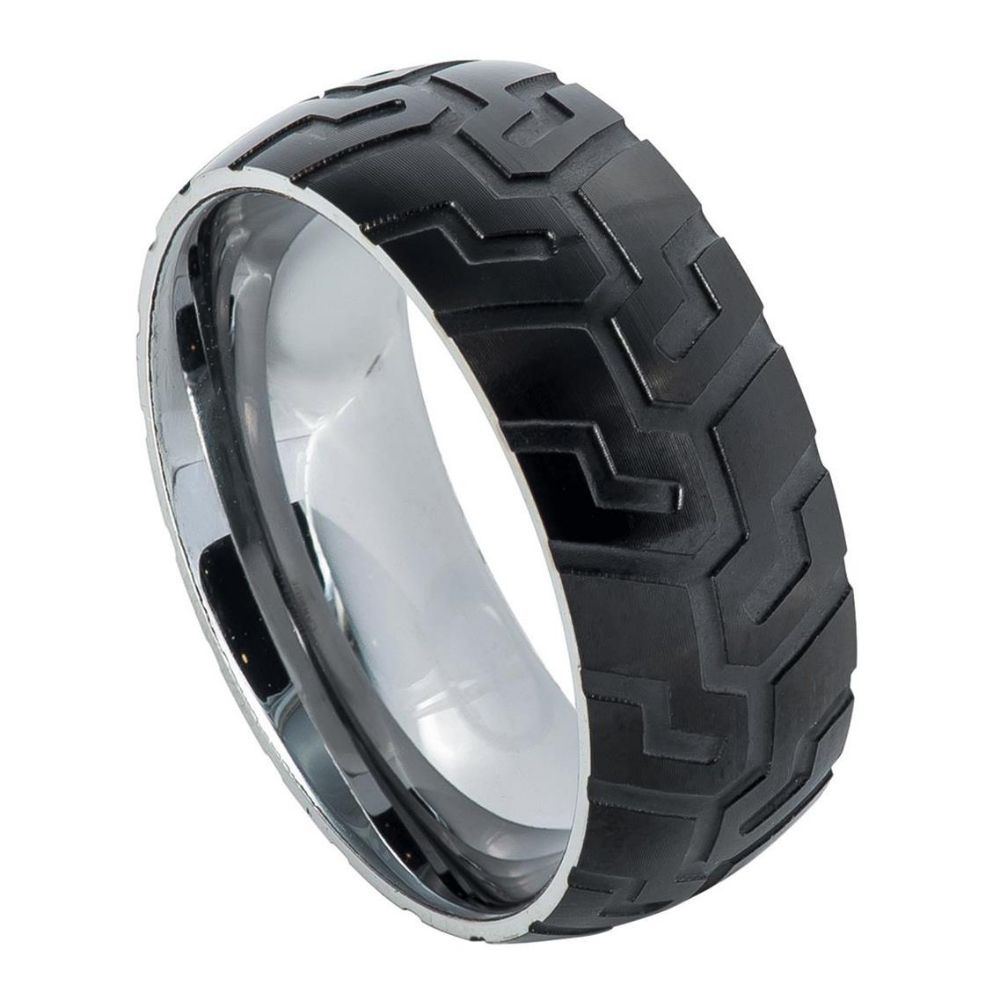 9mm Tungsten Semi-Domed Black IP Tire Tread Ring