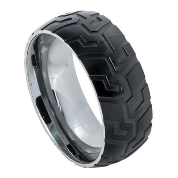 9mm Tungsten Semi-Domed Black IP Tire Tread Ring