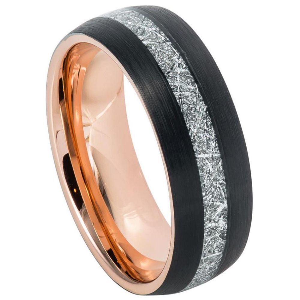 8mm Tungsten Semi-Domed Ring with Rose Gold IP & Black IP Plating, Imitation Meteorite Inlay