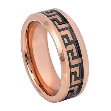 8mm Tungsten Ring with Rose Gold IP Beveled Edge Greek Key Inlay