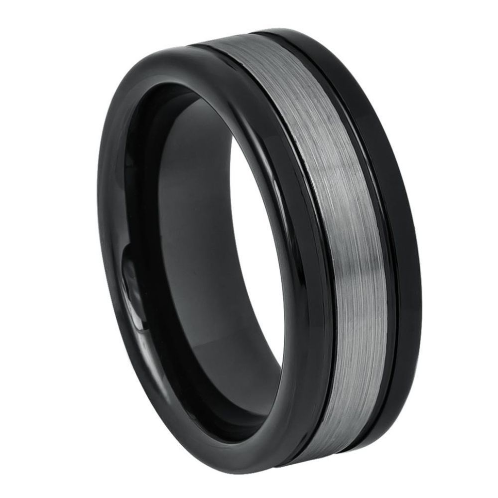 8mm Tungsten Ring – High Polished Shiny Black IP Plated Sides with Dark Gray Brushed Center