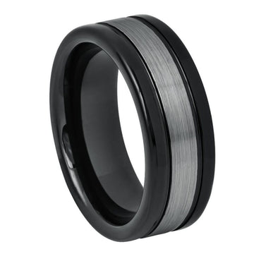 8mm Tungsten Ring – High Polished Shiny Black IP Plated Sides with Dark Gray Brushed Center