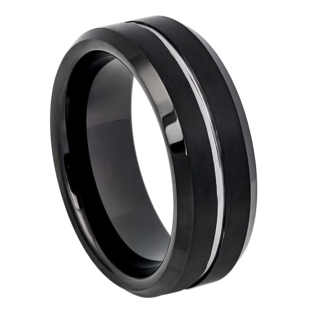8mm Two-Tone Tungsten Ring with Black IP Brushed Finish and Grooved Center