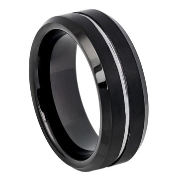 8mm Two-Tone Tungsten Ring with Black IP Brushed Finish and Grooved Center