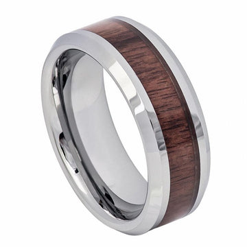 High Polished Beveled Edge Ring with Mahogany Wood Inlay, 8mm