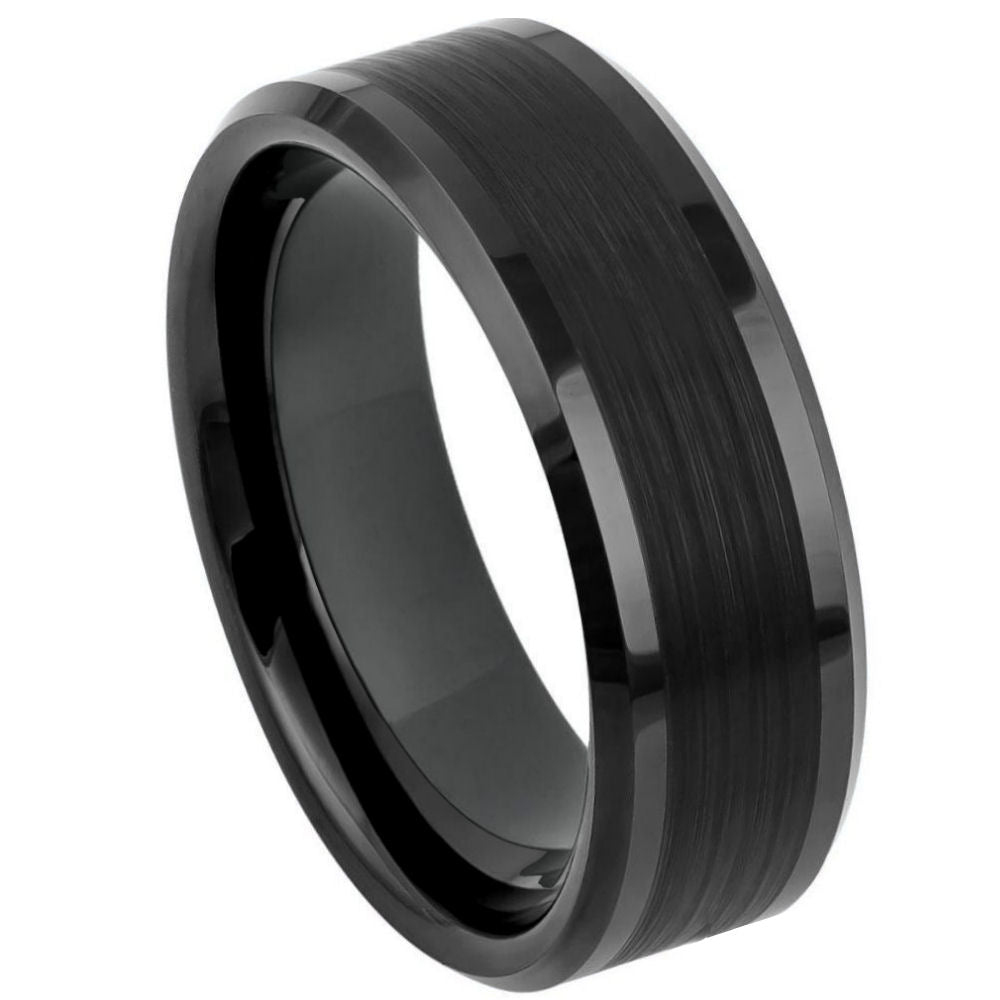 8mm Black IP Plated Tungsten Ring with Brushed Center and Shiny Beveled Edges