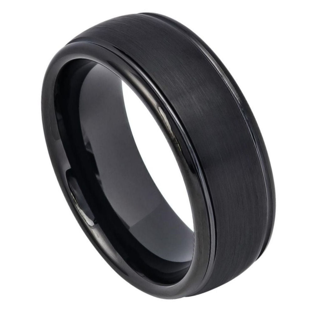 8mm Domed Tungsten Ring with Black IP Plating, Brushed Center and Grooved Edges