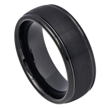 8mm Domed Tungsten Ring with Black IP Plating, Brushed Center and Grooved Edges